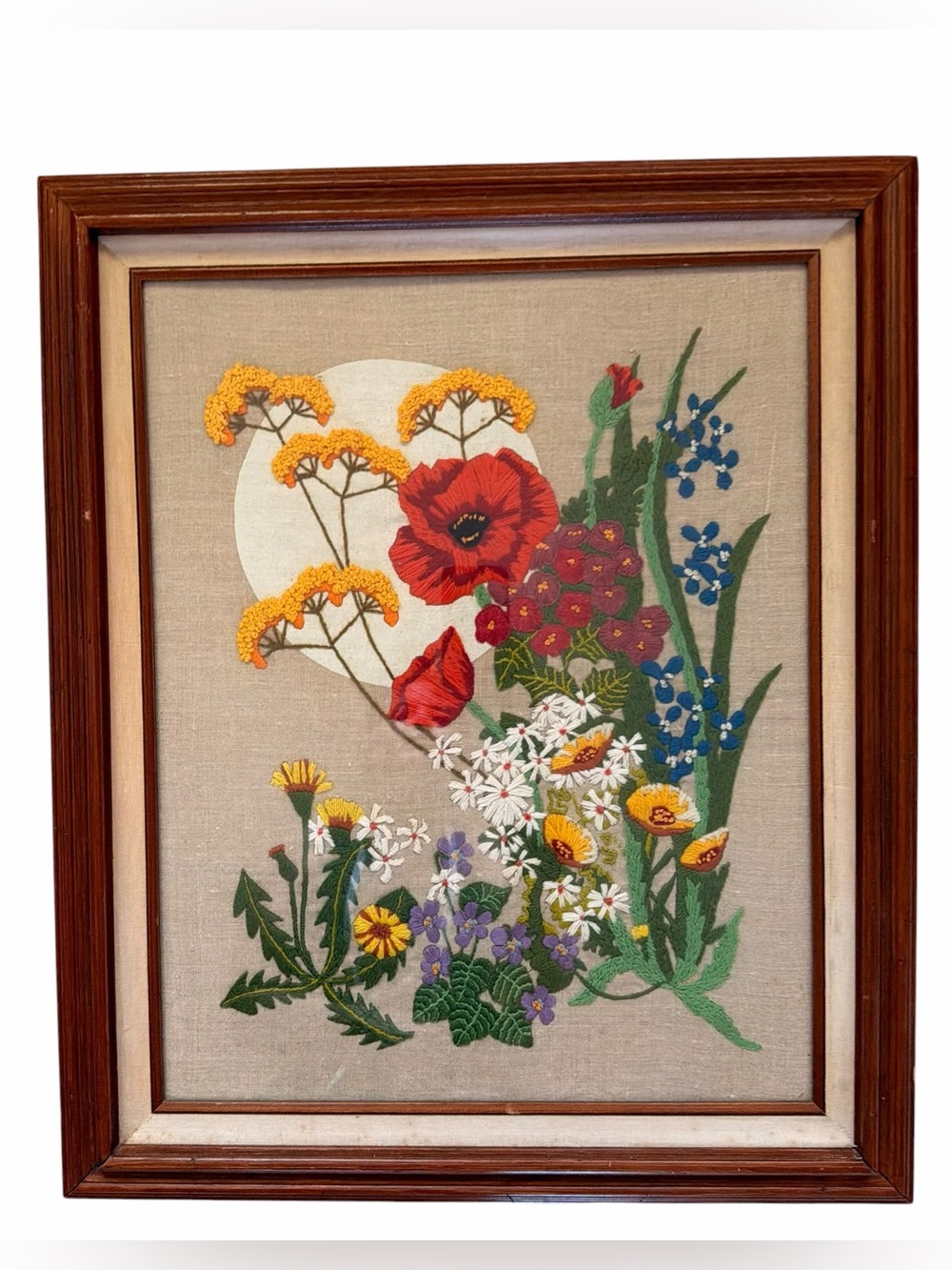 Vintage Crewel Embroidery Flowers Glass Framed Wall Art